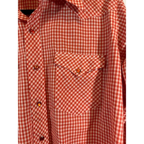 VTG Wrangler Red Check Pearl Snap Shirt Long Tails Single Needle 15.5 33 D25 - Picture 2 of 6